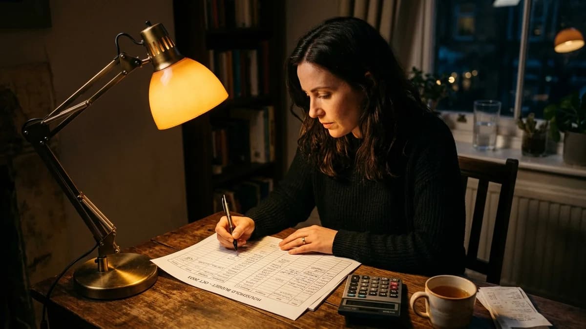 Person reviewing a household budget spreadsheet at a desk, warm focused amber desk lamp, evening setting