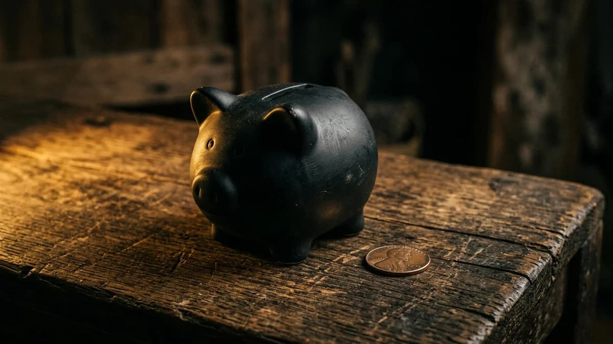 Black piggy bank with a single coin beside it on a worn wooden surface, dramatic moody side lighting