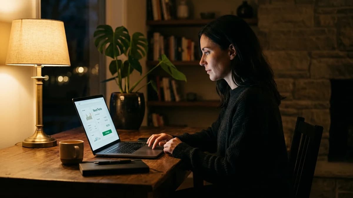 Person at a laptop transferring funds online, warm golden interior light, clean minimal home setting