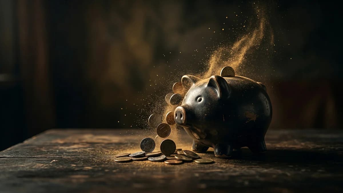 Black piggy bank sitting in the middle of scattered coins