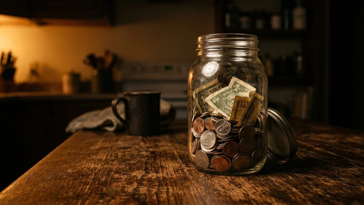 A glass jar half-filled with coins and folded dollar bills on a wooden kitchen table, warm amber light