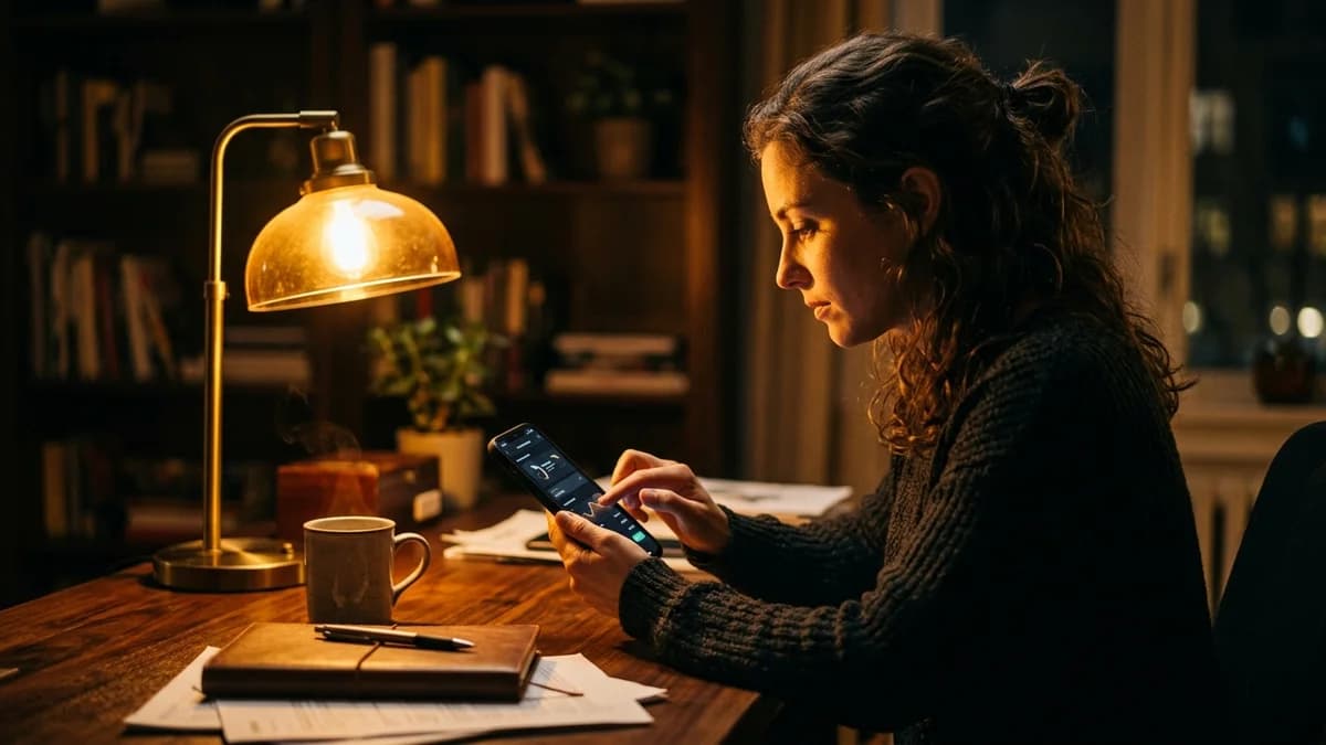 Person setting up automatic transfers on a smartphone app, warm golden desk lamp glow, cinematic shallow depth of field
