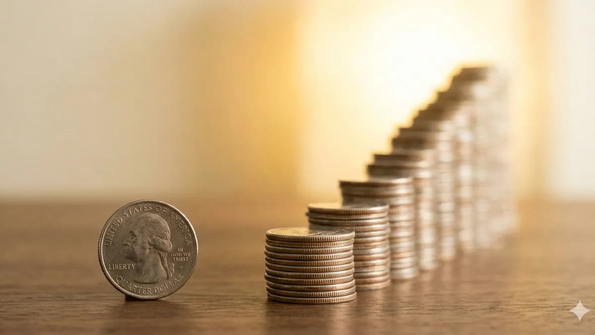 A quarter dollar coin next to ascending stacks of coins forming a staircase, bathed in warm golden light