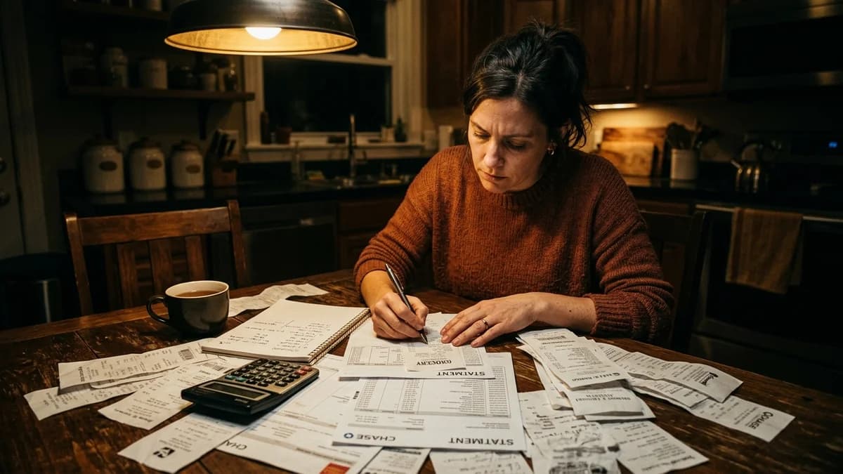 Person reviewing bank statements and receipts spread across a kitchen table, moody overhead light, muted earth tones