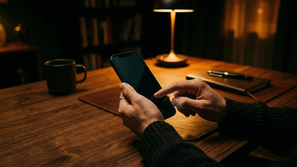 Hands typing on a phone screen setting up a recurring bank transfer, warm amber light on a wooden desk