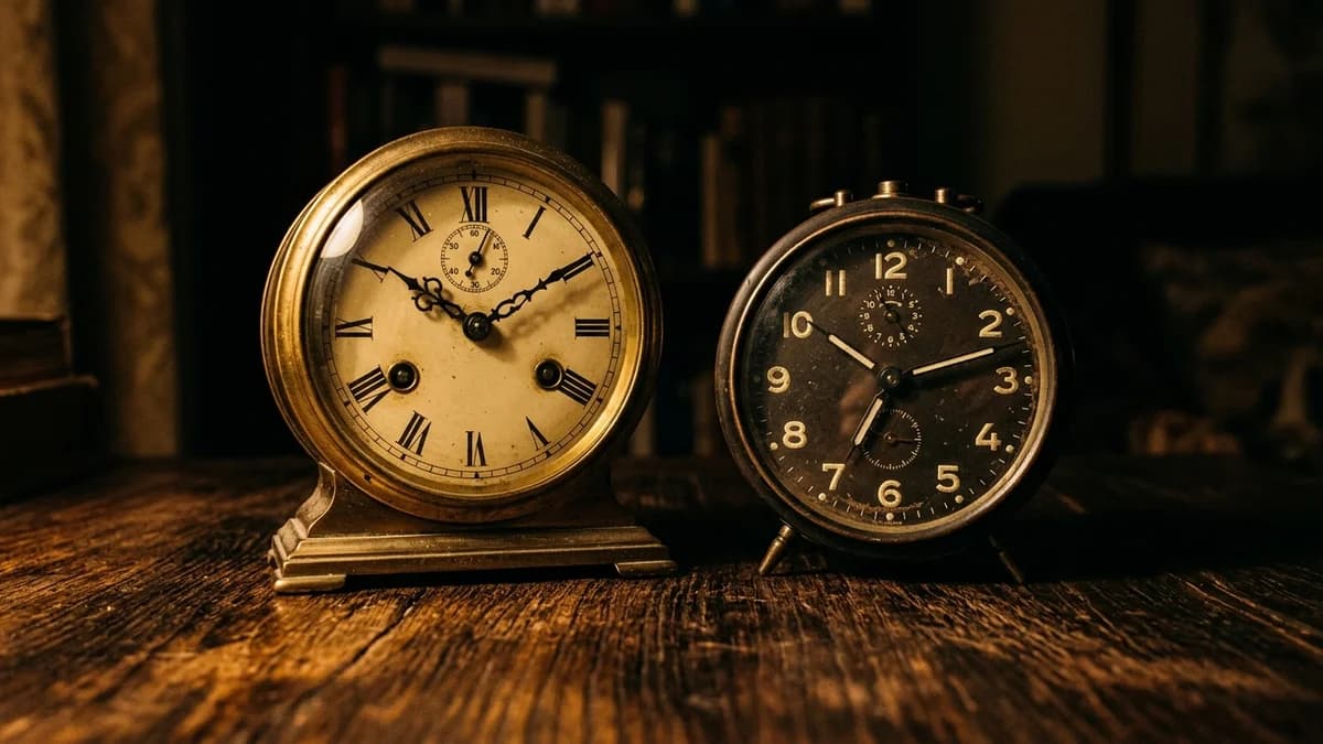 Close-up of two analog clocks side by side on a dark wooden surface, dramatic low side lighting, moody shadows