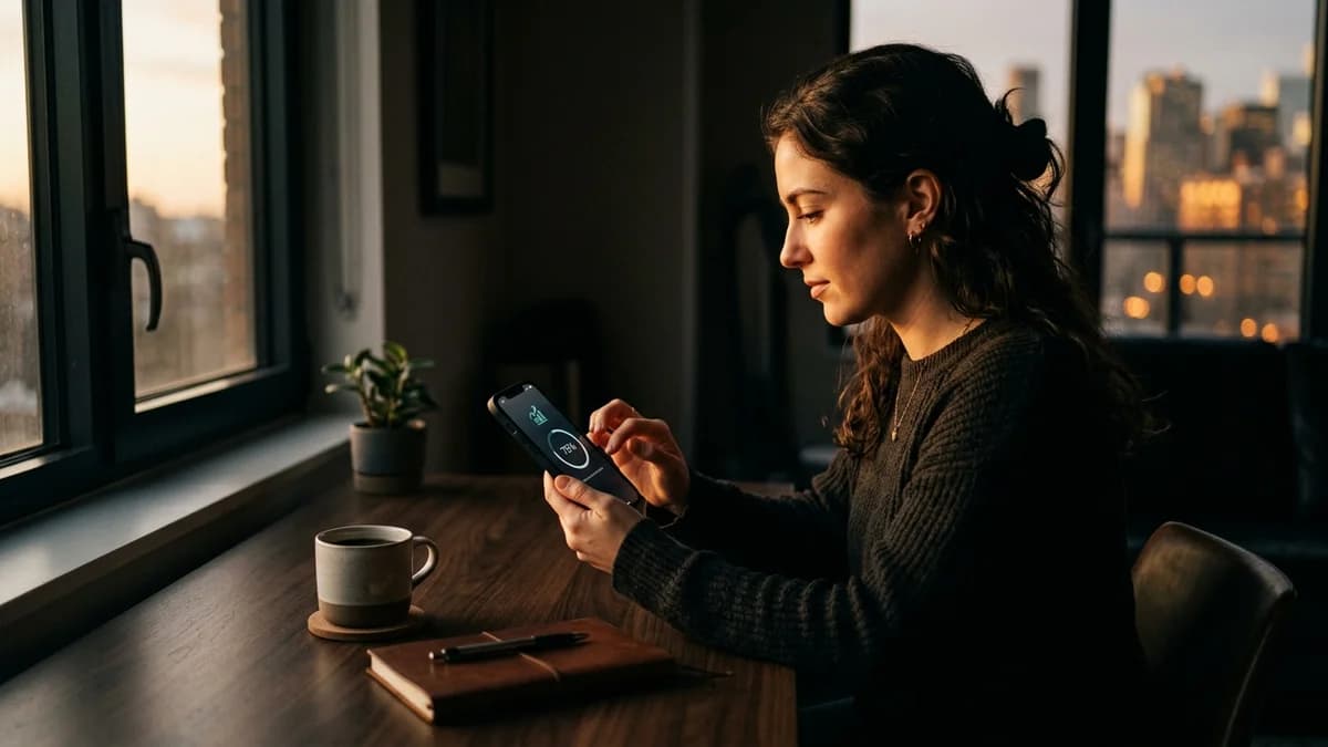 Person on a smartphone downloading a financial app, soft warm light from a window, clean minimalist desk