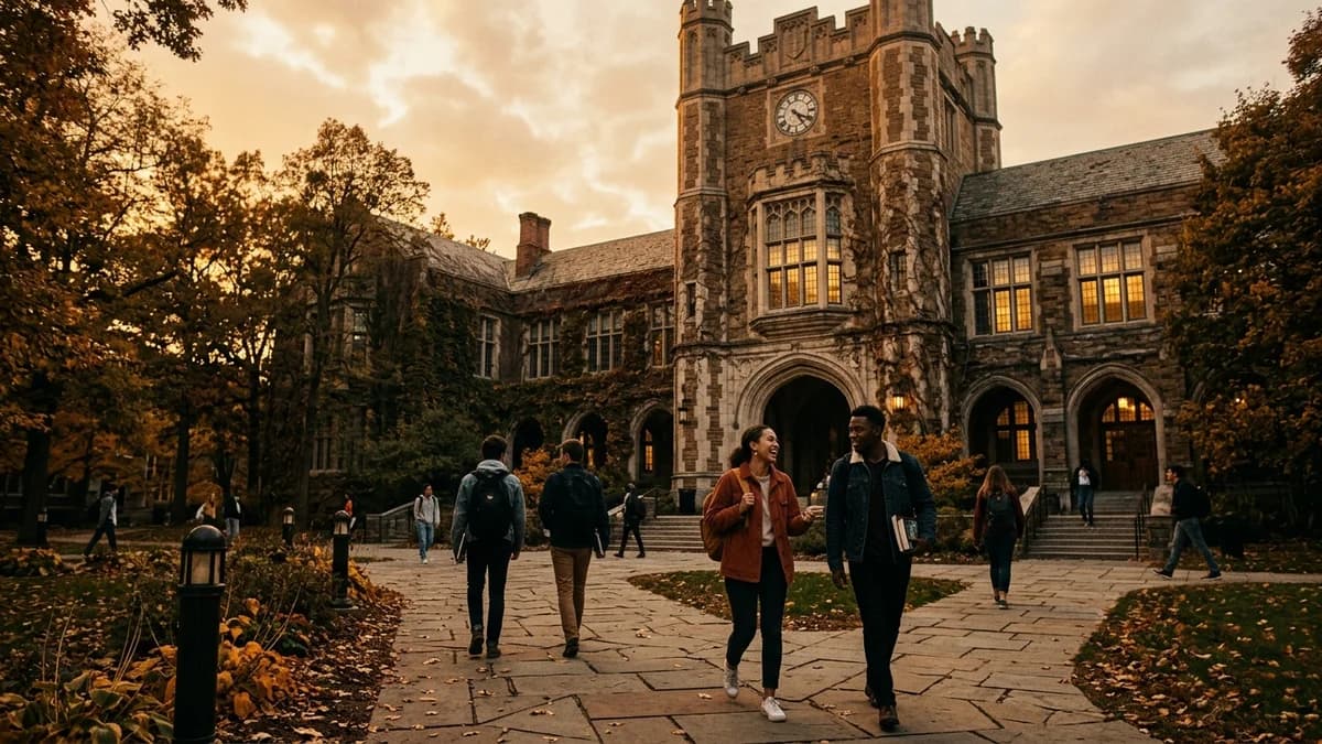 College campus building with students walking, warm golden hour light, slightly faded tones suggesting nostalgia