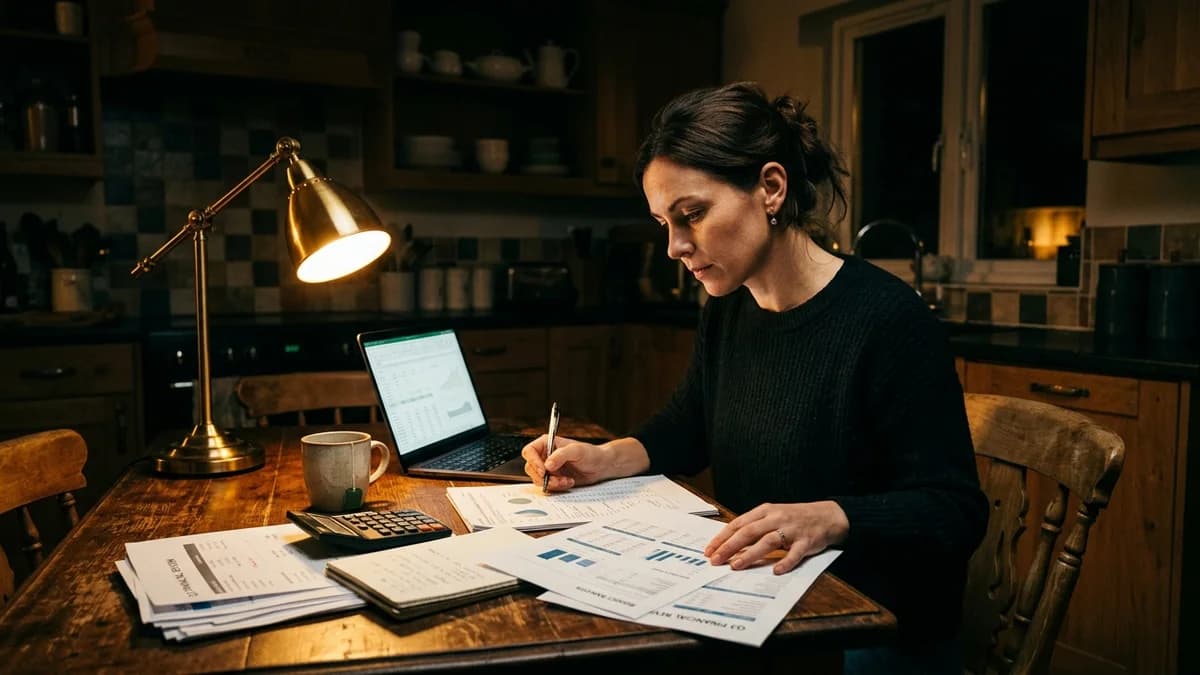 Person reviewing financial statements at a kitchen table with a laptop and calculator, focused warm lamp light