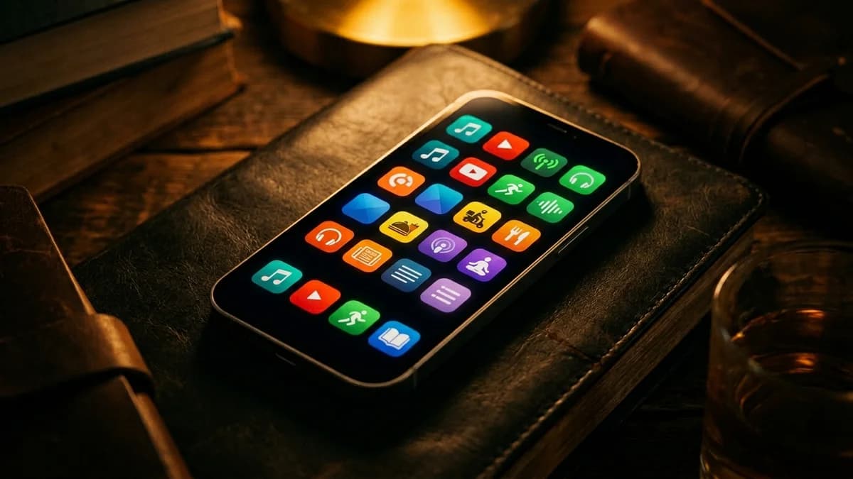 Smartphone screen showing a grid of colorful subscription app icons on a dark background, dramatic overhead light