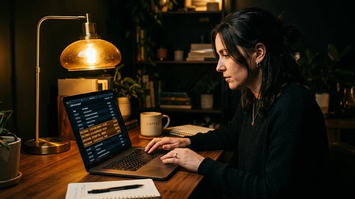 Person scrolling through bank statement on a laptop, highlighting recurring charges, warm desk lamp glow