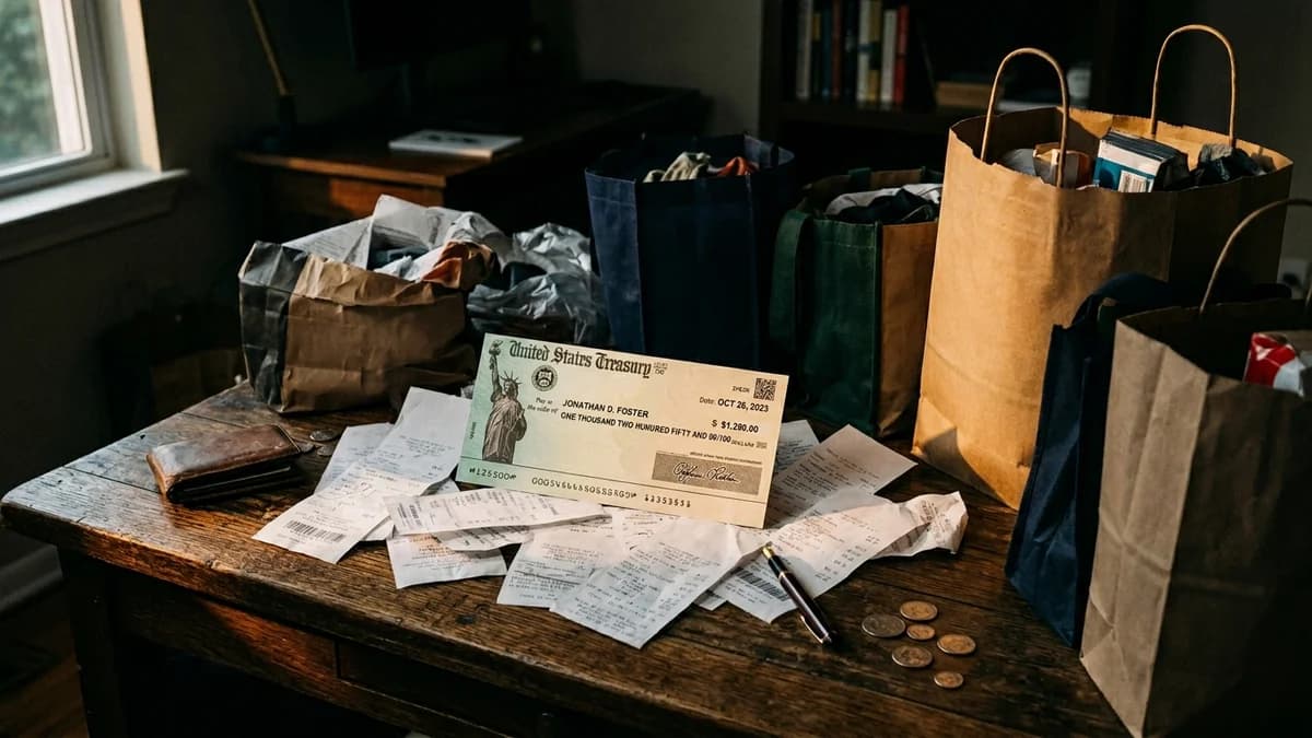 A US government check on a wooden desk surrounded by shopping bags and receipts, dramatic side lighting, muted tones