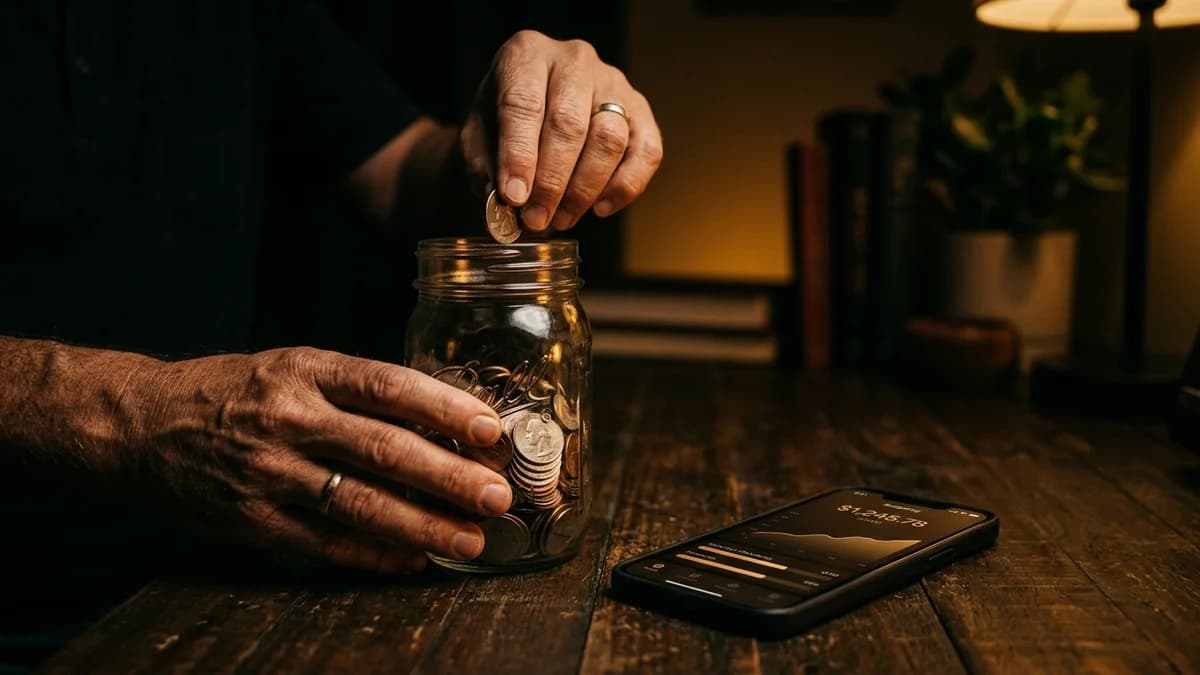 Hands placing coins into a glass jar next to a smartphone showing a financial app, warm golden ambient light