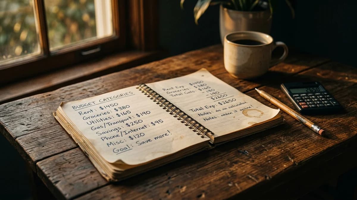 Open notebook with handwritten budget categories on a wooden desk, pencil and calculator nearby, warm natural window light
