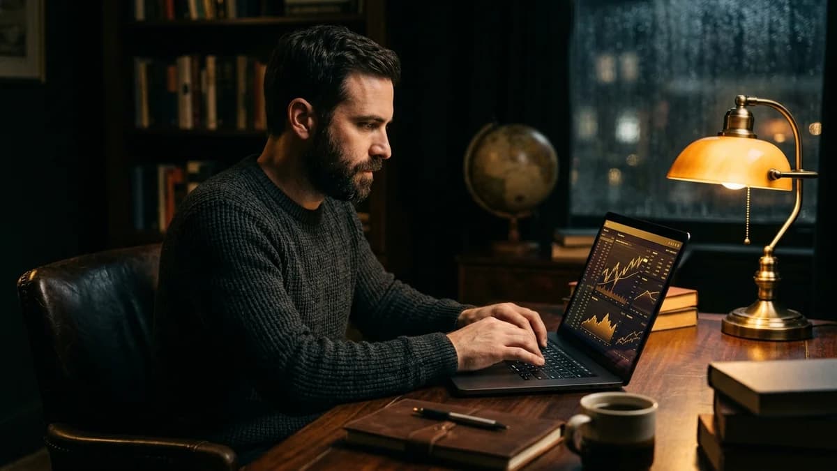 Person typing on a laptop with a financial dashboard visible on screen, warm amber desk lamp, cinematic depth of field
