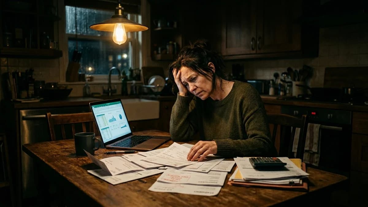 Person sitting at a kitchen table surrounded by bills and a laptop, warm overhead light, worried expression
