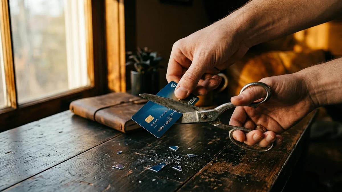 Hand cutting a credit card with scissors on a clean desk, bright natural window light, sense of relief