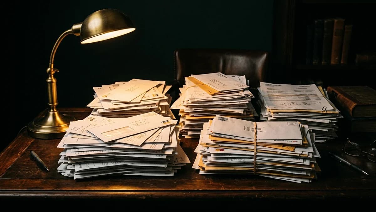 Stacks of credit card statements and bills on a dark wooden desk with a single light illuminating the pile