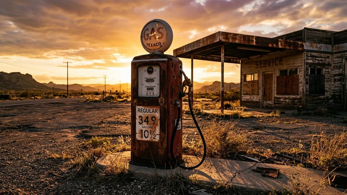 Vintage gas station pump with old price signage in a deserted lot, dramatic golden hour light, cinematic grain