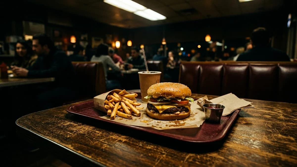 Close-up of a fast food tray with a burger and fries on a worn diner table, harsh fluorescent overhead lighting