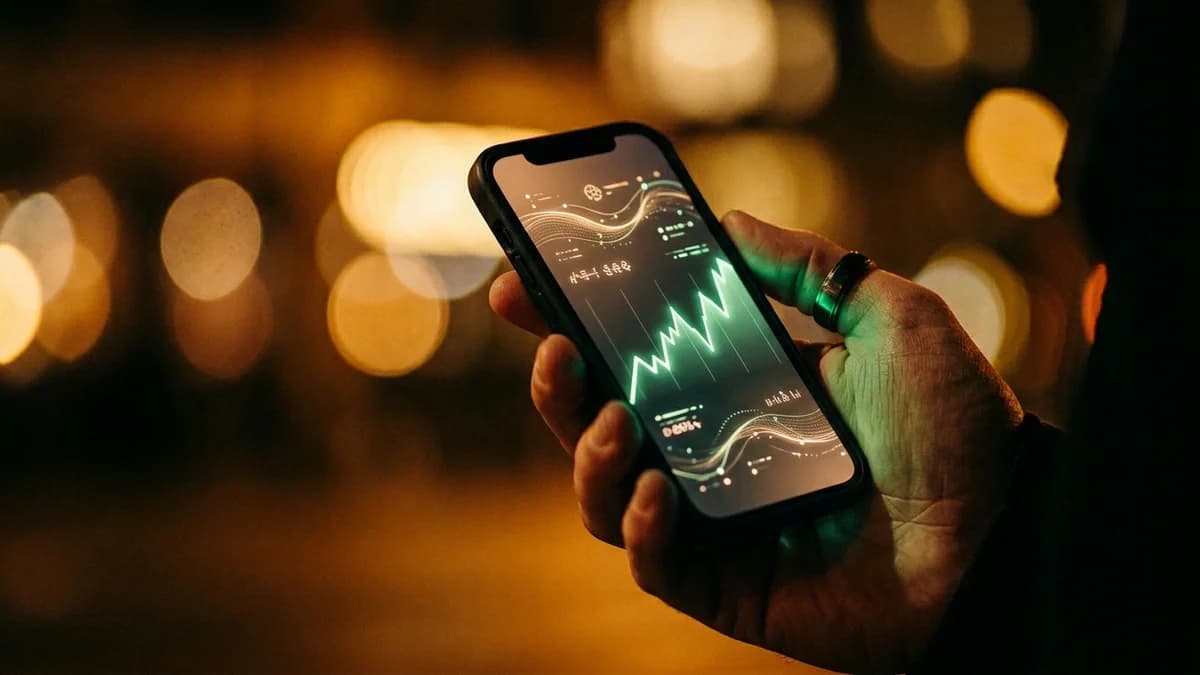 Hand holding a smartphone with a glowing Bitcoin wallet app open, warm amber bokeh background, cinematic close-up