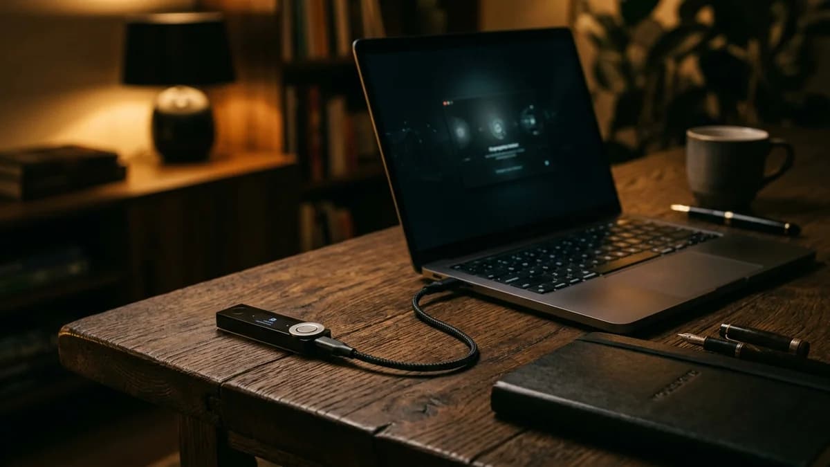A small hardware wallet device resting on a wooden desk next to a laptop, warm studio lighting, editorial product photography