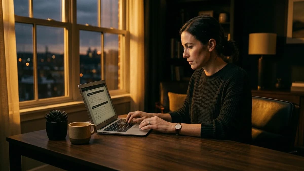 Person filling out a financial account application form on a laptop at a clean desk, soft warm window light