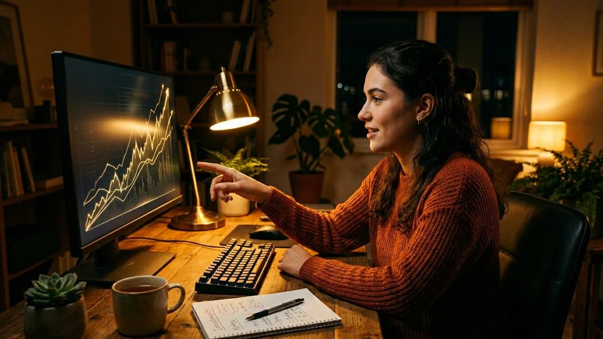 A young person at a bright desk looking at a growing investment chart on a monitor, warm amber room lighting