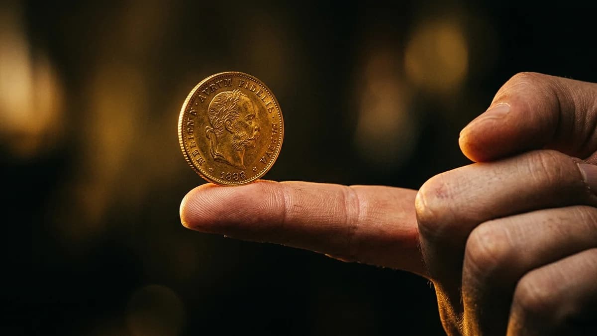 A single gold coin balanced on a fingertip against a dark blurred background, warm glowing rim light, cinematic