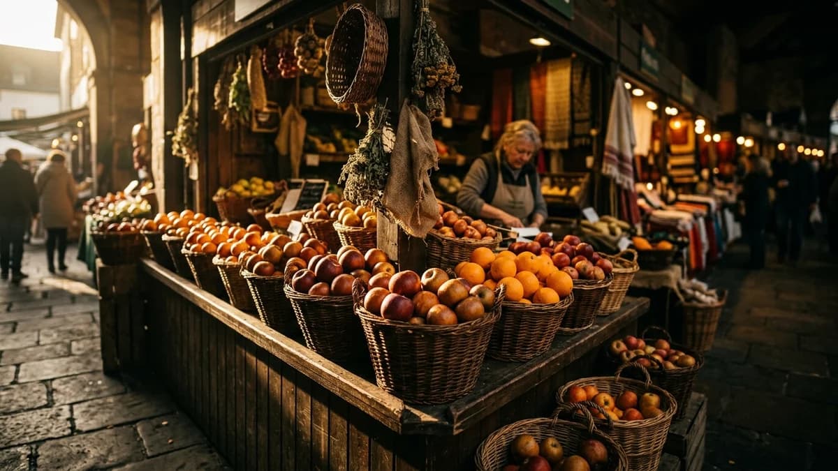 A produce market stall with apples and oranges in baskets, soft warm morning light, shallow depth of field