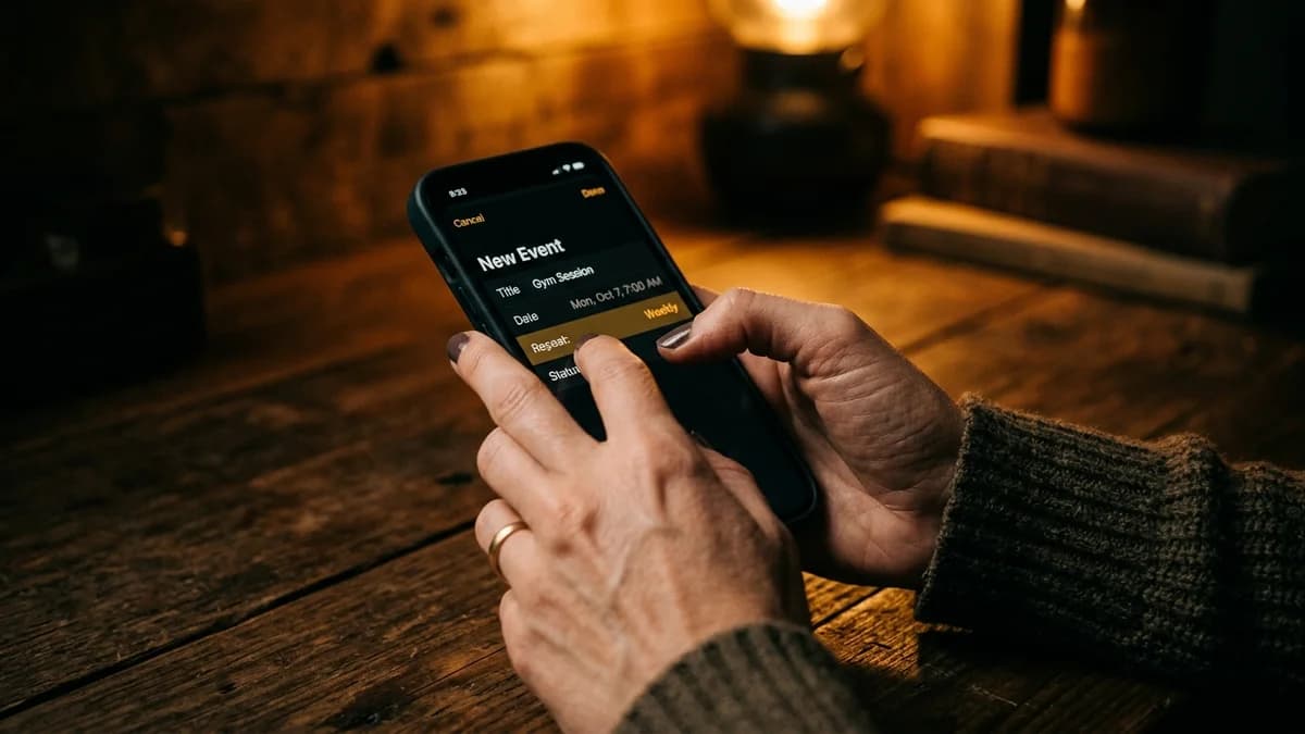 Person setting a weekly recurring reminder on a phone calendar app, warm amber background, close-up hands