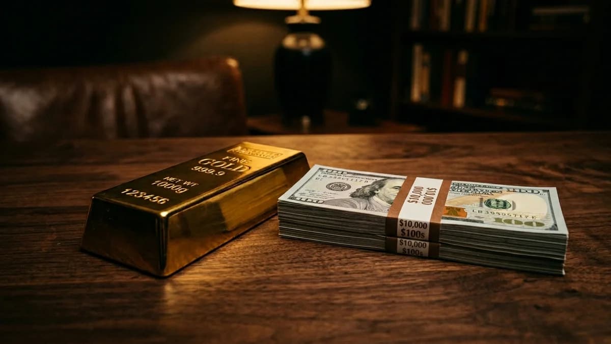 Single gold bar resting beside a neat stack of U.S. one hundred dollar bills on a dark walnut desk under warm tungsten light, shallow depth of field, cinematic