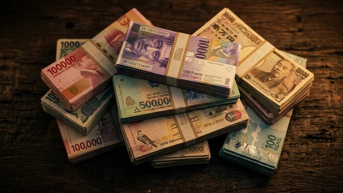 Close-up top-down view of stacked foreign banknotes with very high face values on dark wood, cinematic lighting, shallow depth of field