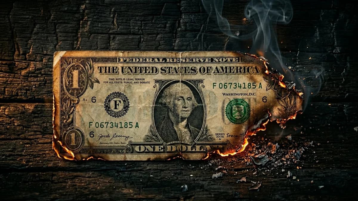 Weathered U.S. one-dollar bill with smoldering charred edges dissolving into dark background, warm amber rim light, cinematic photorealism
