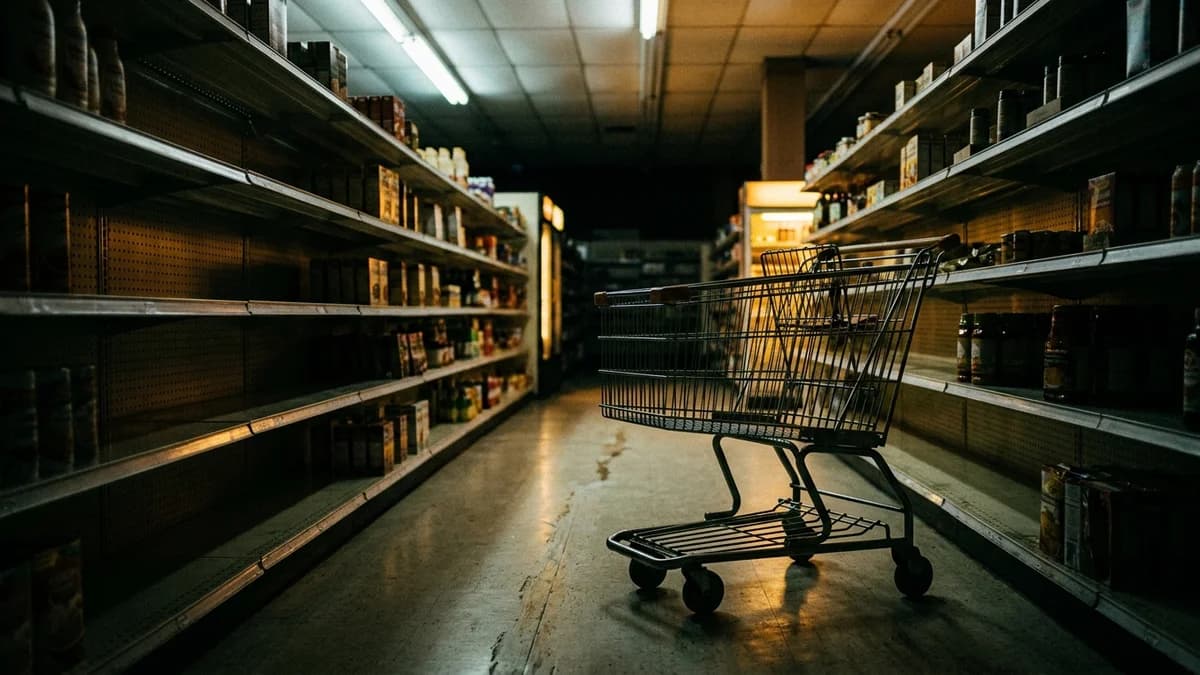 Empty grocery cart in a supermarket aisle with sparse shelves, cold fluorescent overhead lighting, cinematic wide angle