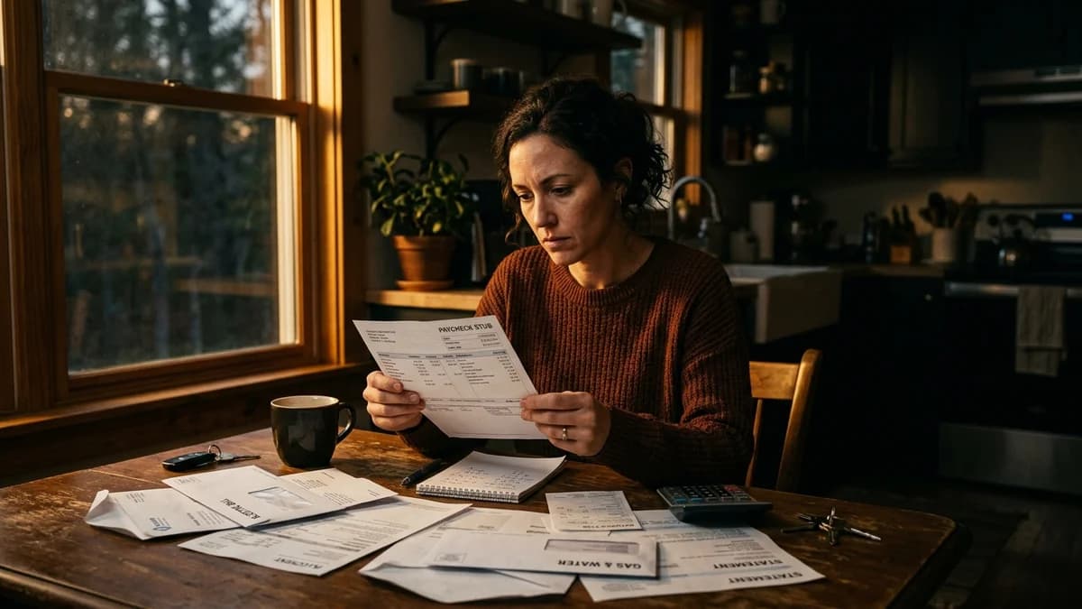 Person checking a paycheck stub at a kitchen table surrounded by utility bills, moody warm window light