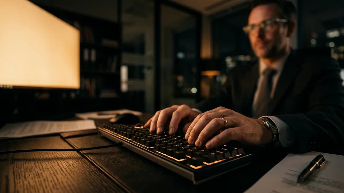 Close-up of a banker's hands typing on a keyboard in a dim office, monitor reflecting soft amber light on the face and walls, cinematic photorealism, shallow depth of field