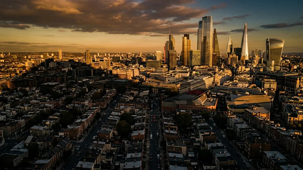 Aerial view at golden hour of a financial district skyline towering over a neighborhood of small row houses below, dramatic shadow line cutting across the scene, cinematic photorealism