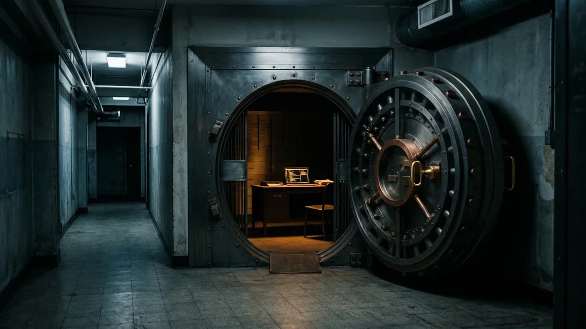 Open empty bank vault door at the end of a dim institutional corridor, a single laptop glowing on a desk inside, cool blue tones with warm amber light from the screen, cinematic photorealism