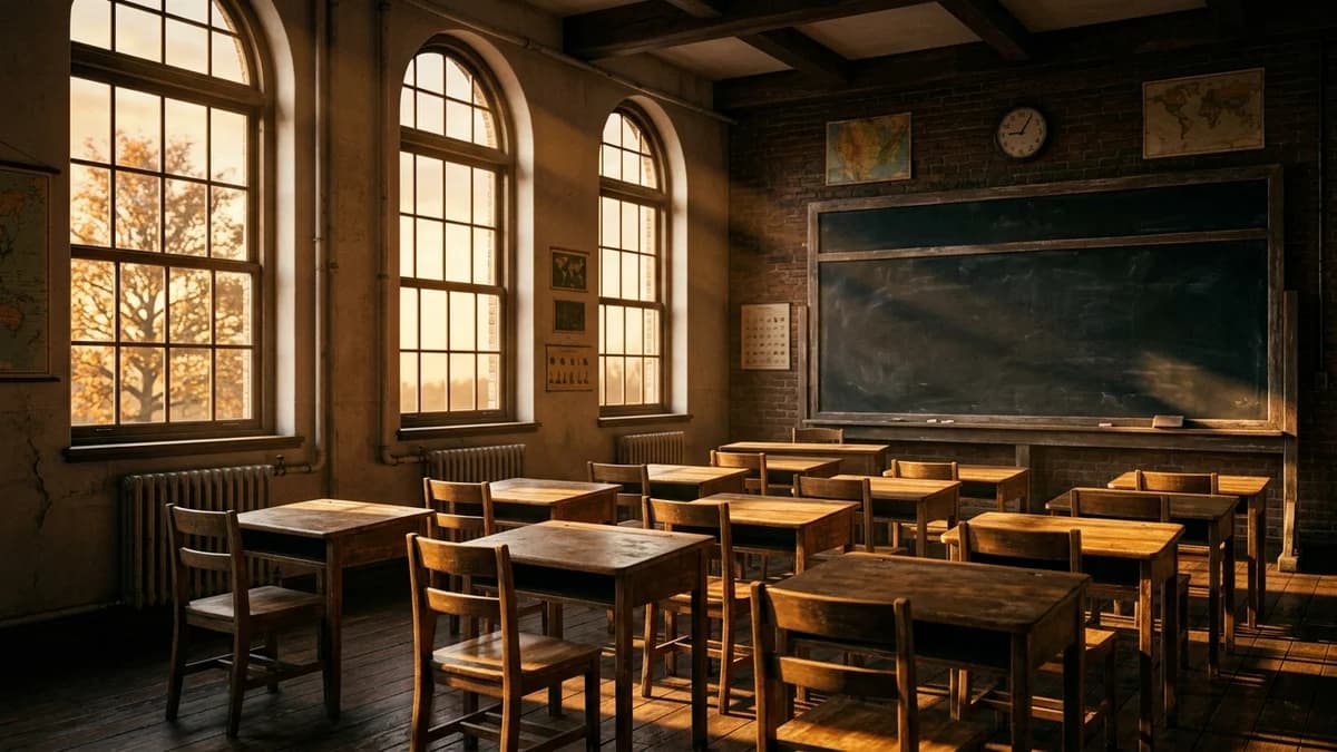 Empty classroom with rows of wooden desks and a chalkboard, late afternoon sunlight streaming through tall windows