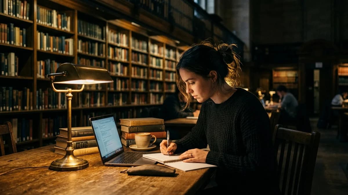 Person studying at a library table with books and a laptop open, warm reading lamp glow, quiet focused atmosphere