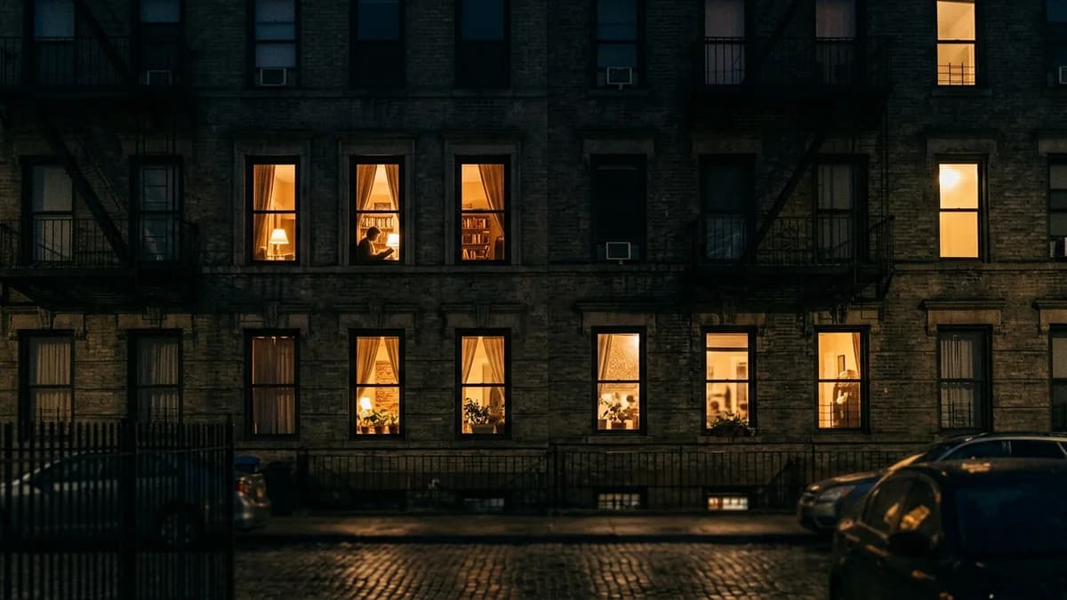 A row of apartment windows at night, only a handful lit with warm amber light against a dark facade, cinematic photorealism, shallow depth of field