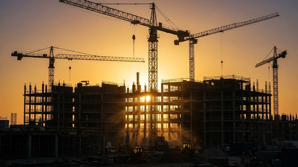 Construction cranes silhouetted over a half-built apartment block at golden hour, warm low sun behind the steel frame, cinematic photorealism