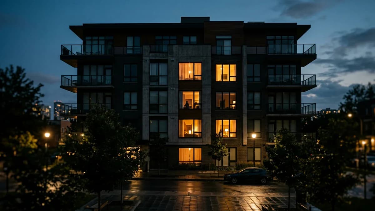 Exterior of a modern apartment building at dusk with warm amber light glowing in a few windows, the rest dark, cinematic photorealism, shallow depth of field