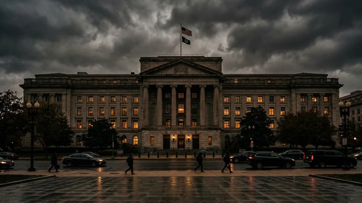 Federal Reserve building exterior in Washington DC, overcast dramatic sky, wide cinematic angle, muted tones