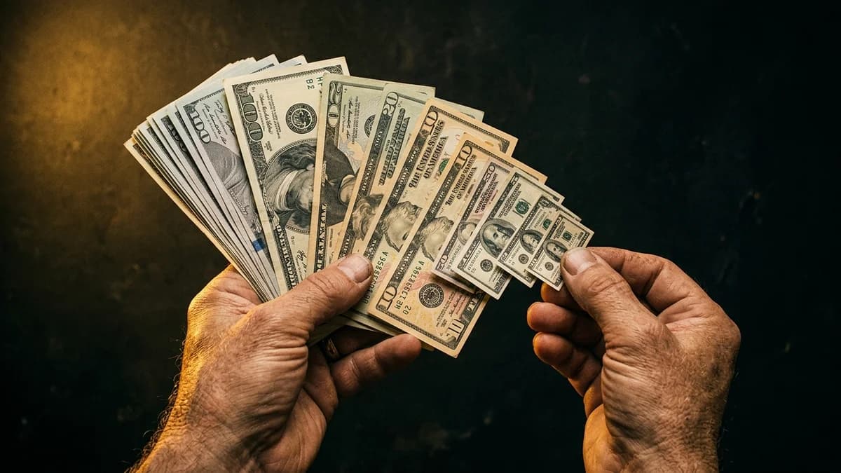 Hands holding a fanned stack of dollar bills shrinking in size against a dark background, dramatic studio lighting