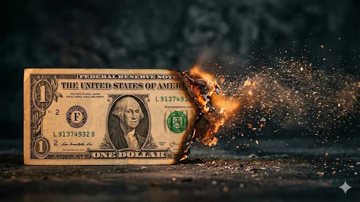 U.S. dollar bill burning and disintegrating into embers