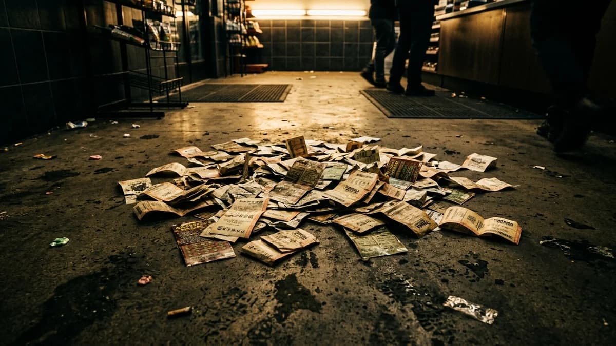 Pile of discarded lottery tickets on a gas station floor, harsh overhead fluorescent light, gritty cinematic grain