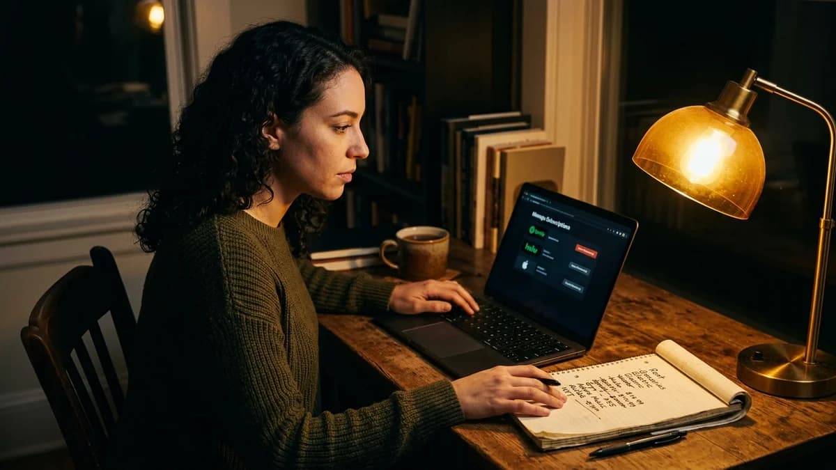 Person canceling subscriptions on a laptop with a notepad of crossed-out expenses nearby, warm amber desk lamp