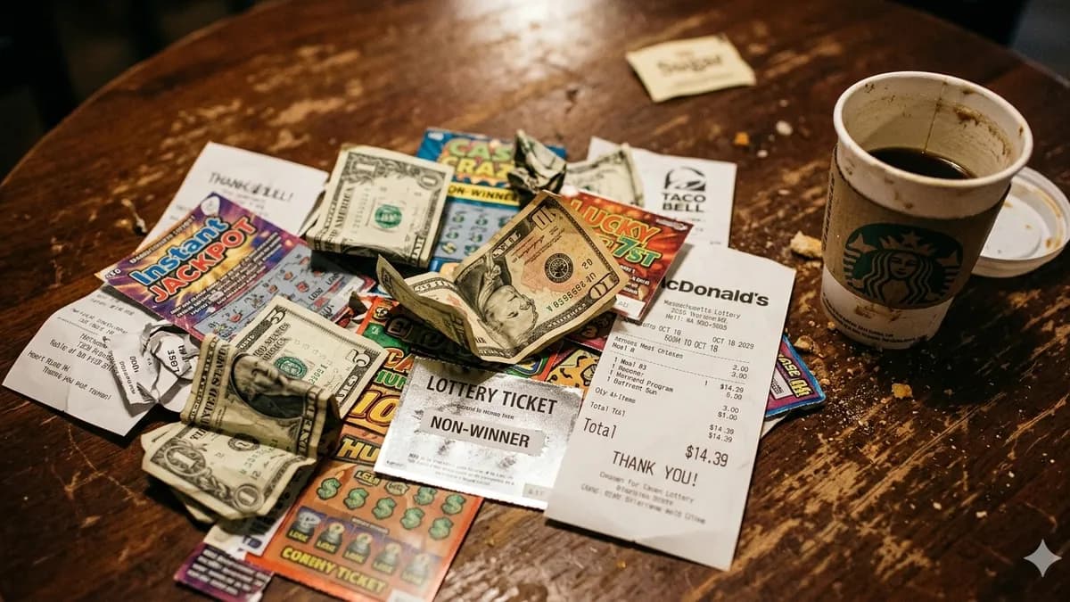 Crumpled dollar bills, losing lottery scratch-off tickets, a fast food receipt, and an empty Starbucks cup scattered on a table
